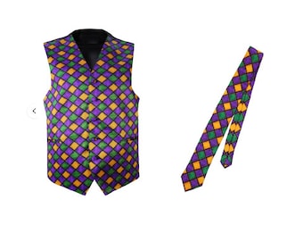 Mardi Gras Tuxedo Vest Self Tie  Long Dress Tie  Purple Gold Green S M L XL 2XL 3XL 4XL 5XL