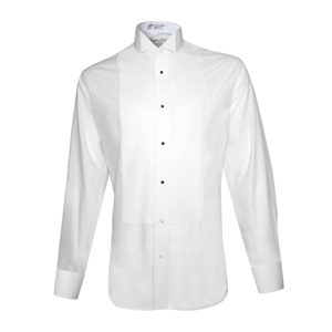 May include: A white long-sleeve dress shirt with a wing collar and a pleated front. The shirt has a button-up closure and black buttons.