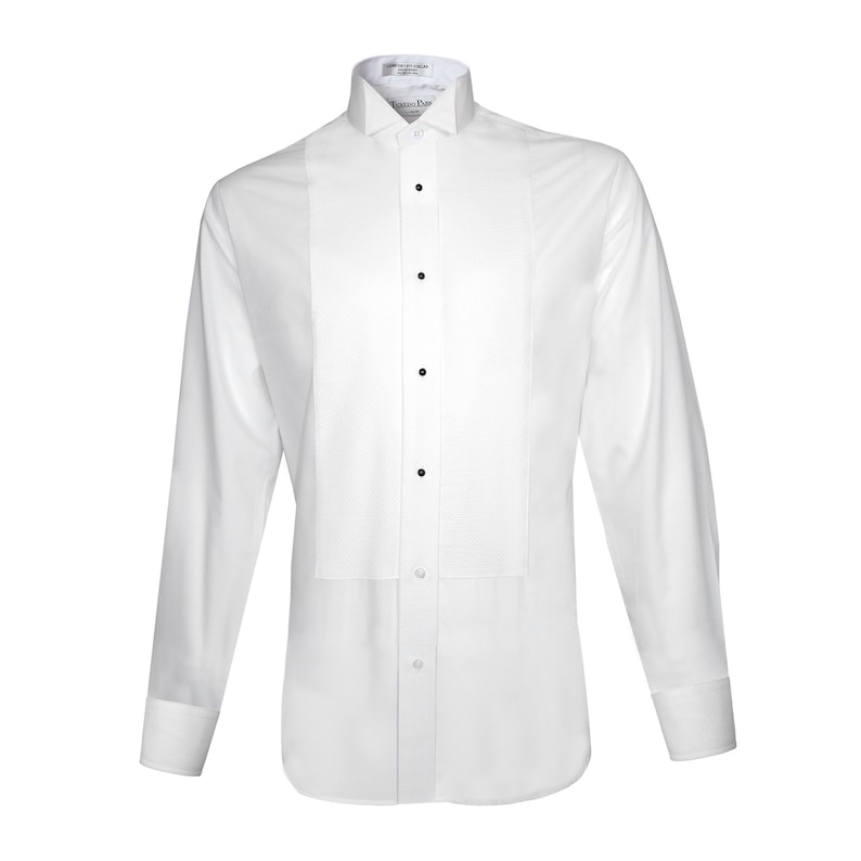 May include: A white long-sleeve dress shirt with a wing collar and a pleated front. The shirt has a button-up closure and black buttons.