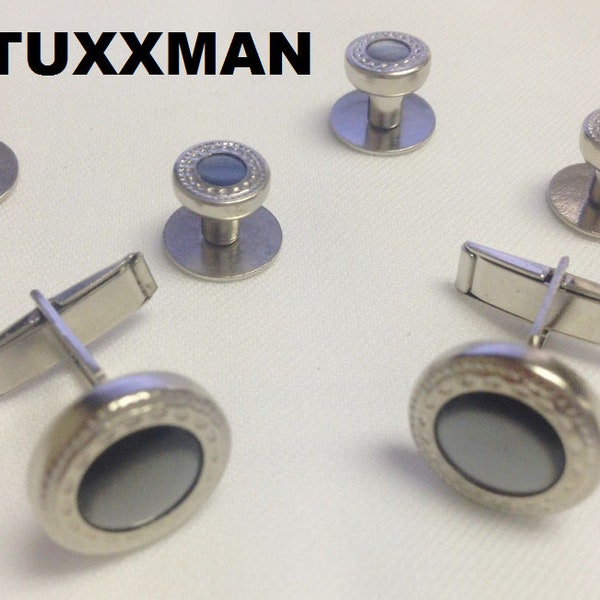 Men's Vintage Tuxedo Silver and smoke Faux Crystal Bullet Cufflinks and studs Buttons Formal Wear Men Wedding Jewelry Suit Groomsmen