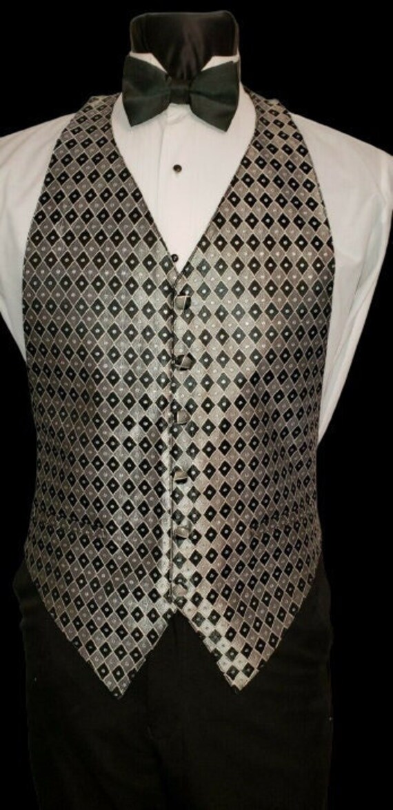 Men's Vintage Black Silver Tuxedo Vest only Adjust