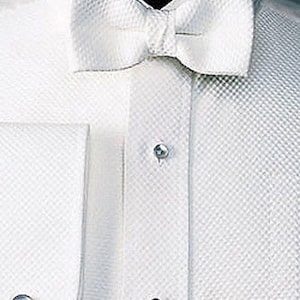 May include: A white dress shirt with a white bow tie and a wing collar. The shirt has a textured pattern and two silver buttons.
