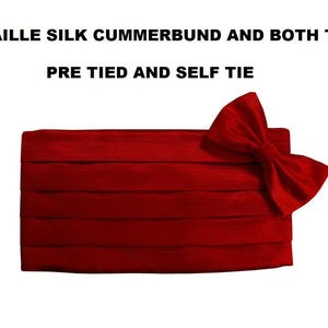 May include: A red faille silk cummerbund and bow tie set. The cummerbund is pleated and the bow tie is pre-tied. The text on the image reads "RED FAILLE SILK CUMMERBUND AND BOTH TIES! PRE TIED AND SELF TIE".