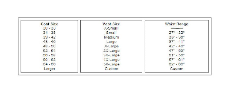 Puede incluir: Un gr&aacute;fico que muestra las tallas de abrigo en pulgadas, las tallas de chaleco y los rangos de cintura en pulgadas. El gr&aacute;fico incluye tallas de 30-33 pulgadas a m&aacute;s grande para abrigos, de XS a personalizado para chalecos y de 27-32 pulgadas a personalizado para la cintura.