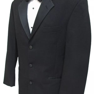 May include: A black tuxedo jacket with a satin lapel and three buttons. The jacket has a single flap pocket on the left side.