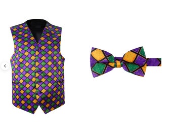 Mardi Gras Tuxedo Vest Pre-Tied Bow Purple Gold Green S M L XL 2XL 3XL 4XL 5XL