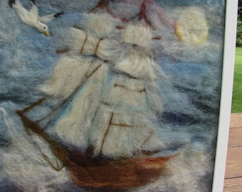Needle Felted Painting, Needle Felted Wool Painting, Felted Picture, Wool Picture, Ship, Ocean, Wool Painting