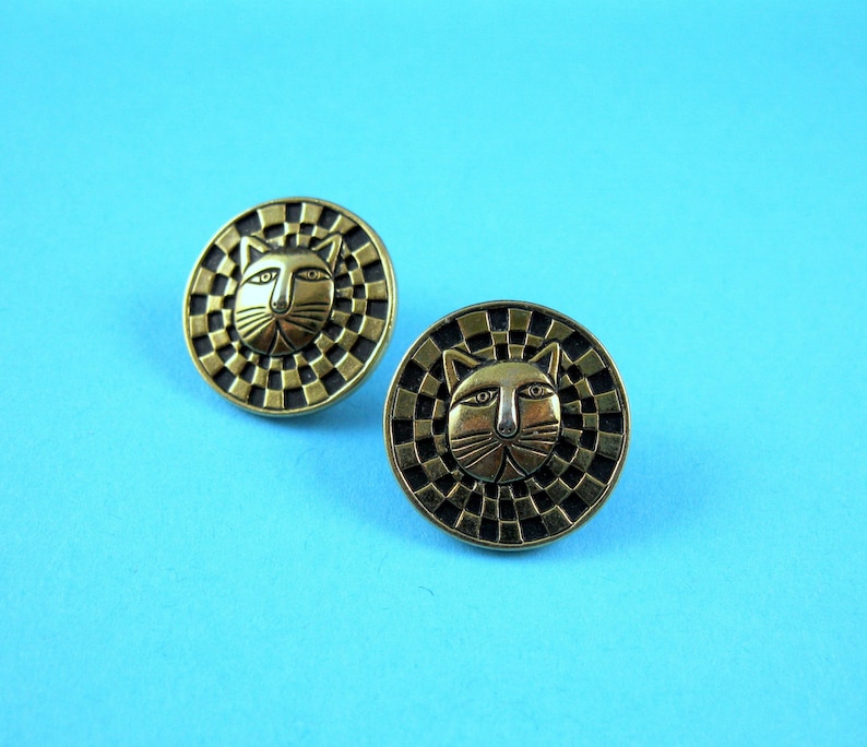 Laurel Burch Lion Cat Face Earrings Black Enamel Cloisonn\u00e9 Gold Plate Checkered Stud Pierced Vintage