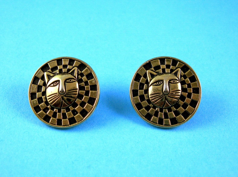 Laurel Burch Lion Cat Face Earrings Black Enamel Cloisonn\u00e9 Gold Plate Checkered Stud Pierced Vintage