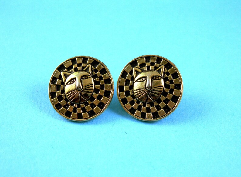Laurel Burch Lion Cat Face Earrings Black Enamel Cloisonn\u00e9 Gold Plate Checkered Stud Pierced Vintage