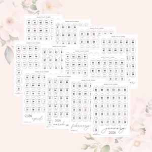 May include: A collection of date stickers with the text "NIKKI PLUS THREE" and month names like January, February, March, and April. The stickers are arranged in an oval shape with numbers 01-31.