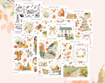 May include: A collection of decorative stickers with autumn-themed illustrations. The stickers feature pumpkins, leaves, houses, butterflies, and other fall elements. The text "NIKKI PLUS THREE" is visible on each sheet.