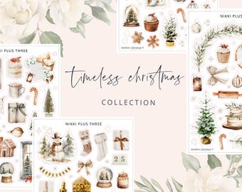 May include: A collection of sticker sheets featuring watercolor illustrations of Christmas themes including snowmen, pine trees, wrapped gifts, gingerbread houses, stockings, and ornaments, with the text Timeless Christmas Collection.