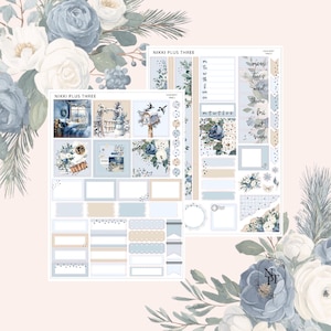 May include: A planner sticker sheet with a floral design in shades of blue, white, and beige. The sheet includes boxes, labels, and decorative elements. Text includes "NIKKI PLUS THREE" and days of the week.