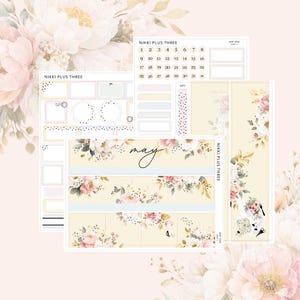 May include: A planner sticker sheet with a floral design in soft pink, white, and yellow tones. The sheet includes calendar boxes, decorative elements, and the word "may". The text "NIKKI PLUS THREE" is also visible.