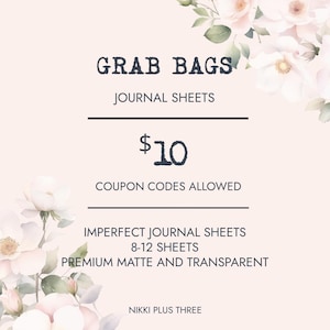 May include: A promotional graphic for grab bags of journal sheets featuring pale pink floral illustrations in the corners. The text reads: GRAB BAGS, JOURNAL SHEETS, $10, COUPON CODES ALLOWED, IMPERFECT JOURNAL SHEETS, 8-12 SHEETS, PREMIUM MATTE AND TRANSPARENT, NIKKI PLUS THREE.