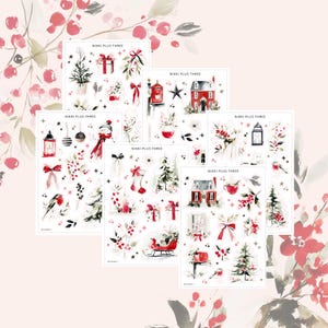 May include: Several sheets of Christmas-themed stickers with watercolor illustrations. Designs include red bows, gift boxes, houses, trees, and berries. The text "NIKKI PLUS THREE" is visible on each sheet.