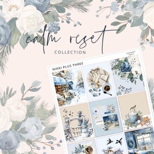 May include: A collection of planner stickers with a winter theme. The stickers feature watercolor illustrations of cozy scenes, including a snowy street, a snowman, and a cup of hot cocoa. The text "Calm Reset Collection" is displayed.