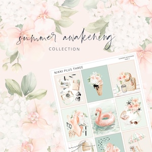 Puede incluir: Una hoja de pegatinas para planificador con temática de verano, con ilustraciones de un cono de helado, un flotador de flamenco y una escena de playa. El texto "Summer Awakening Collection" se muestra en cursiva, con la marca "Nikki Plus Three".