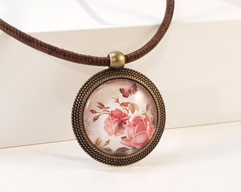 Necklace of cork motif Shabby Butterfly Pink Vegan