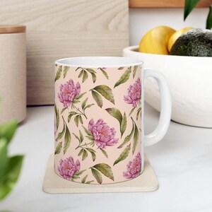 Floral Mug 11 oz Watercolor Peonies Ceramic Coffee Cup Gift for Her Tea Lover Spring Decor