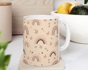 Boho Rainbow Coffee Mug - Earthy Tones, Hand-Painted Look, Ceramic mug for Home and Office, 11oz