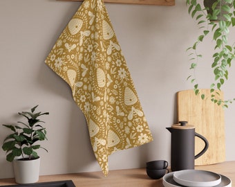 Mustard Yellow Bee Kitchen Towel – Vintage Floral & Bee Pattern