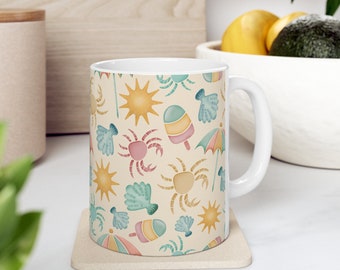 Beach Bliss 11 oz Ceramic Mug - Sunny Seaside pastel pattern, Perfect for Summer Drinks