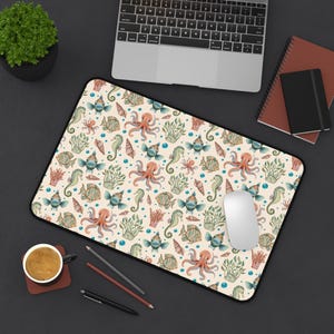 Watercolor Ocean Creatures Desk Mat, Octopus, Seahorse, Fish, and Seashell Design