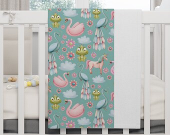 Enchanted Creatures Watercolor Soft Fleece Baby Blanket – Magical Nursery Bedding, Soft & Whimsical Design