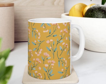 Sunshine Blossom 11 oz Ceramic Mug – Mustard Floral Coffee Cup, Charming and Cheerful Morning Drinkware