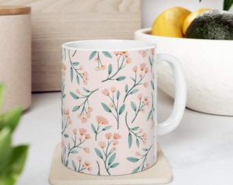 Pastel Blossom 11 oz Ceramic Mug - Delicate Floral Print for a Serene Sipping Experience"