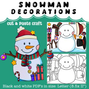 Snowman papercraft snowman decorations for kids snowman art project Christmas printables for kids, snowman cut-and-color craft