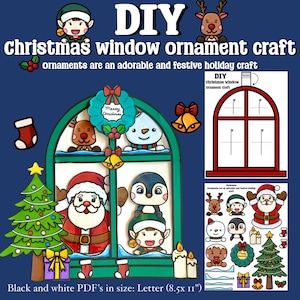 Puede incluir: Una manualidad de adorno de ventana de Navidad para imprimir. La manualidad incluye un marco de ventana, un árbol de Navidad, Santa Claus, un pingüino, un elfo, un muñeco de nieve, un reno, una corona y velas. La impresión es en blanco y negro y es de tamaño carta (8,5 x 11 pulgadas).