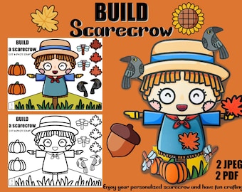 May include: A printable craft activity for kids to build a scarecrow. The image shows a color and black and white version of a scarecrow with a hat, a blue shirt, and a red scarf. The scarecrow is holding a pumpkin and has a fall leaf in its hand. The text "BUILD a scarecrow CUT & PASTE CRAFT" is on the image.