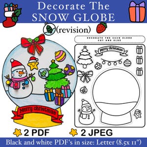 May include: A printable craft activity for kids to decorate a snow globe. The image shows a colored example of the finished craft, with a snowman, a Christmas tree, and presents inside the globe. The printable includes a black and white version of the snow globe and separate pieces to cut out and glue on.