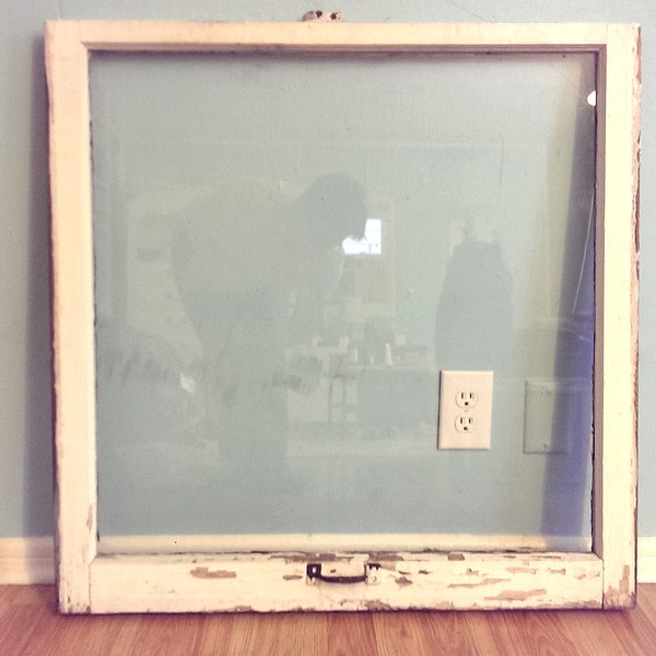 Vintage Weathered Salvaged Window, Single Pane, White Painted, Original Distressed Hardware, Perfect Rustic Wall Hanging or Picture Frame