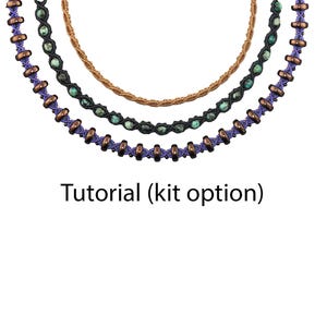 May include: Three necklaces with different designs are displayed. The top necklace is a thin, gold-colored chain. The middle necklace has dark green beads. The bottom necklace has purple and brown beads. The text "Tutorial (kit option)" is below the necklaces.