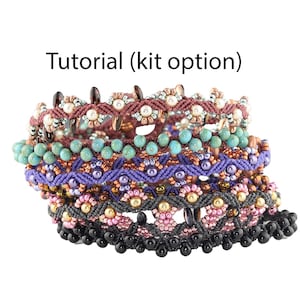 May include: A stack of handmade beaded bracelets in various colors, including teal, purple, and pink. The bracelets feature intricate macrame and beadwork designs. Text on the image reads "Tutorial (kit option)".