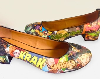 Zapatos de cómic de Buffy la cazavampiros, tacones de superhéroe, únicos e irrepetibles, hechos a mano por encargo con la técnica de decoupage