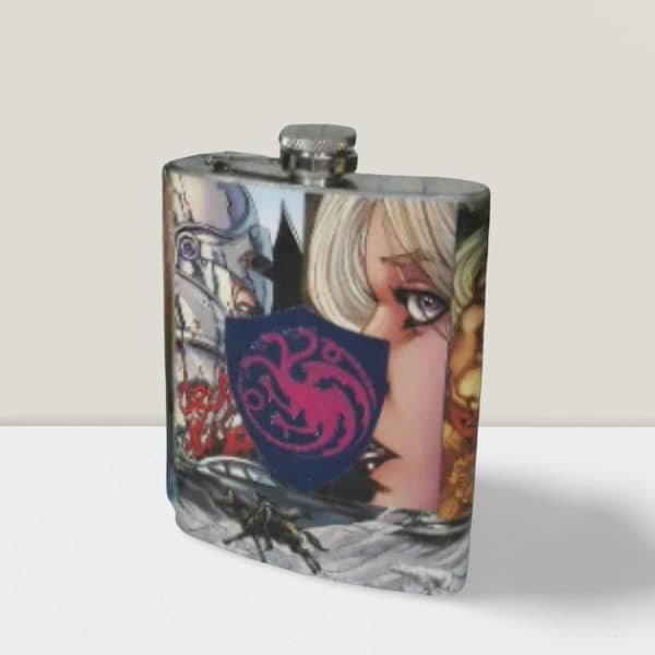 Game of Thrones Comic Hip Flask - Customizable Gift for Men - Perfect for Weddings, Birthdays, and More - Handmade and Decoupaged Geek Gift