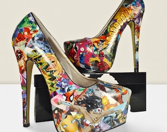Handmade Superhero Comic Book High Heel Shoes, Unique One of a Kind Statement Piece for Women Wearable Art Perfect for weddings and gifts