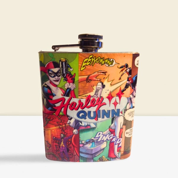 Personalisierte Harley Quinn oder Joker Geschenk für Männer Frauen - Handgemachte Decoupage Edelstahl Flasche perfekt für Hochzeiten und Groomsman einzigartig