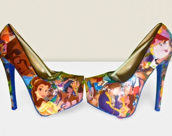 Zapatos de cómic de La Bella y la Bestia, tacones de Disney, regalos únicos y hechos a mano para ella, zapatos de boda de cuento de hadas