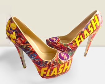 Flash Comic Book Shoes - Superhero Heels, Unique and One of a Kind Gift for Her, perfect for weddings and special occasions wearable art
