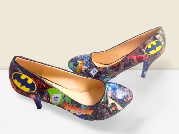 Handmade Custom Batman Comic Book Shoes, Blue and Black Superhero Heels,  Unique One of a Kind Women's Shoes