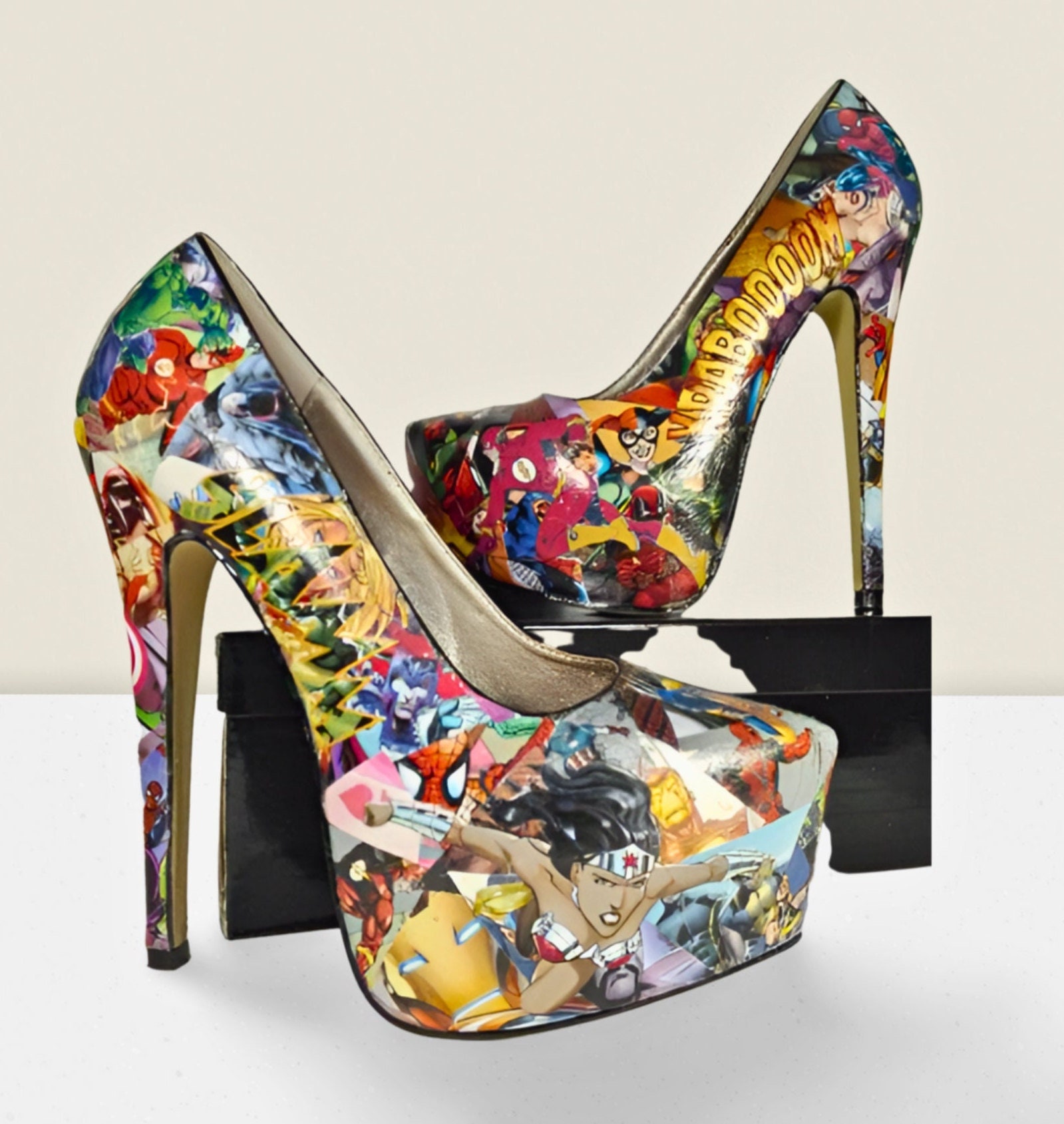 Handmade Superhero Comic Book High Heel Shoes, Unique One of a Kind  Statement Piece for Women Wearable Art Perfect for weddings and gifts