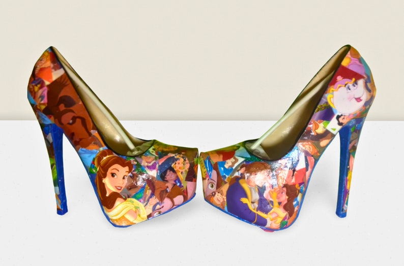 Beauty and the Beast Comic Book Shoes, Disney Heels, Handmade and Unique One of a Kind Gifts for Her, Fairytale Wedding Shoes image 1