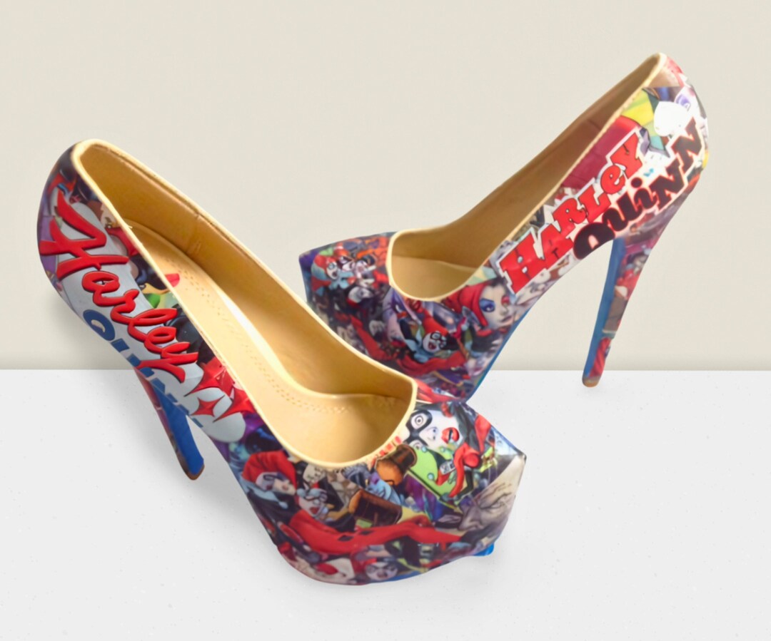 Harley Quinn Comic Book Shoes, Superhero Heels, One of a Kind, Made to ...