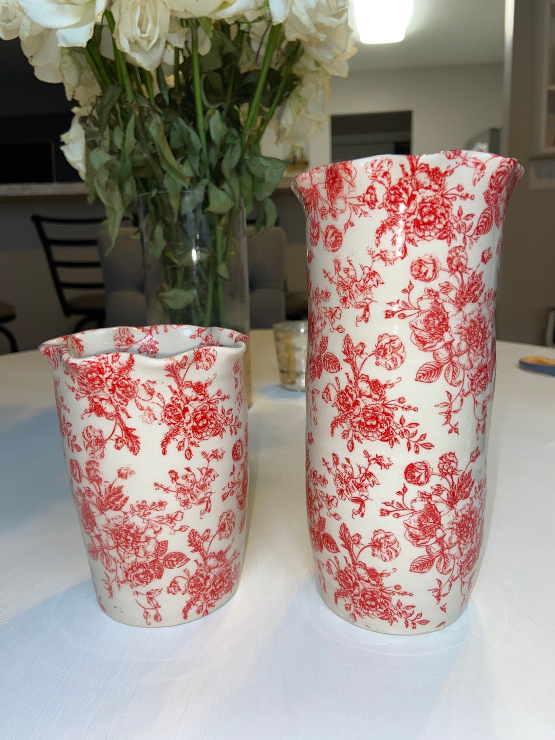 Floral toile red and white handmade ceramic vase. Ruffle Etsy